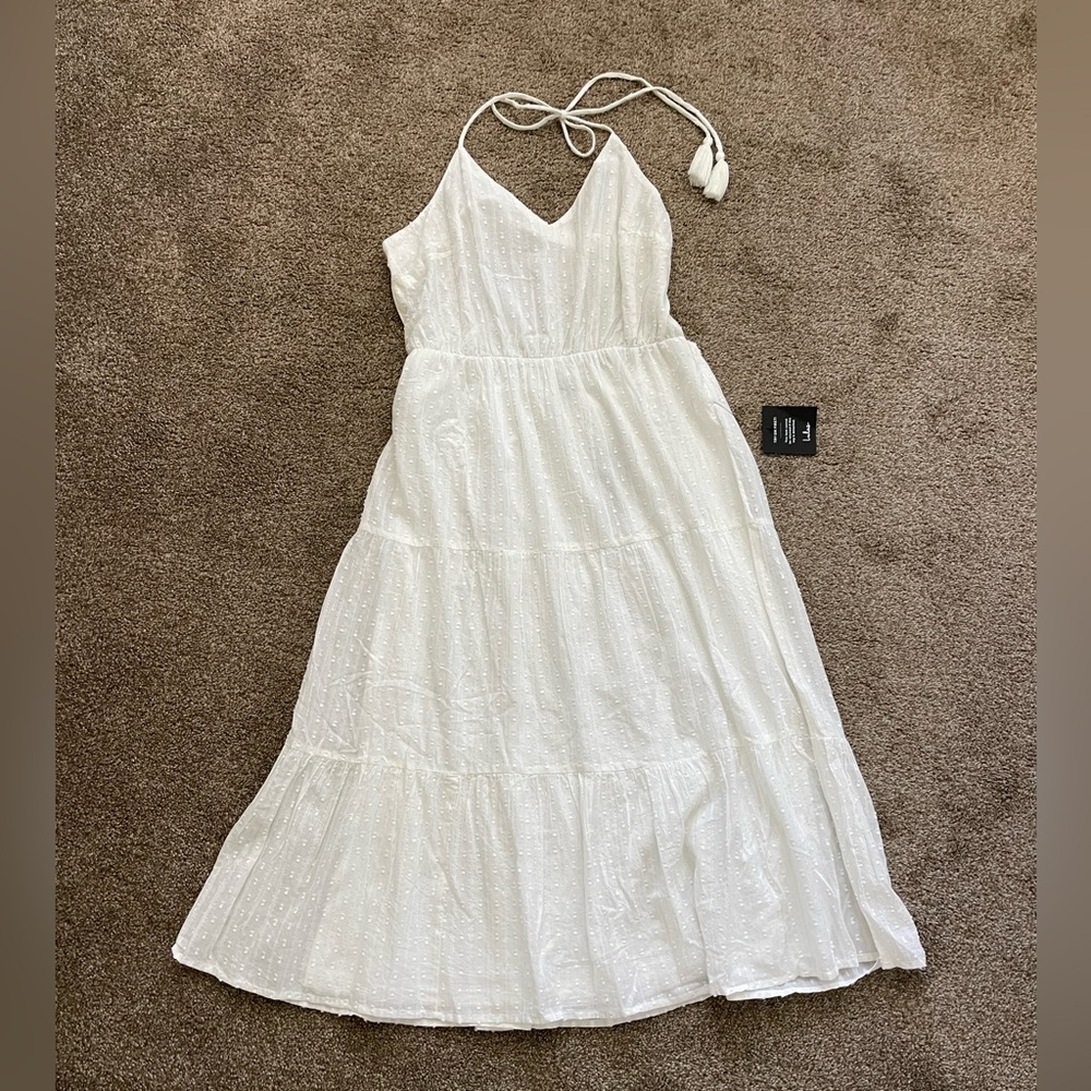 NWT Lulus - Sunny Reverie White Swiss Dot Lurex Halter Midi Dress - Picture 2 of 7